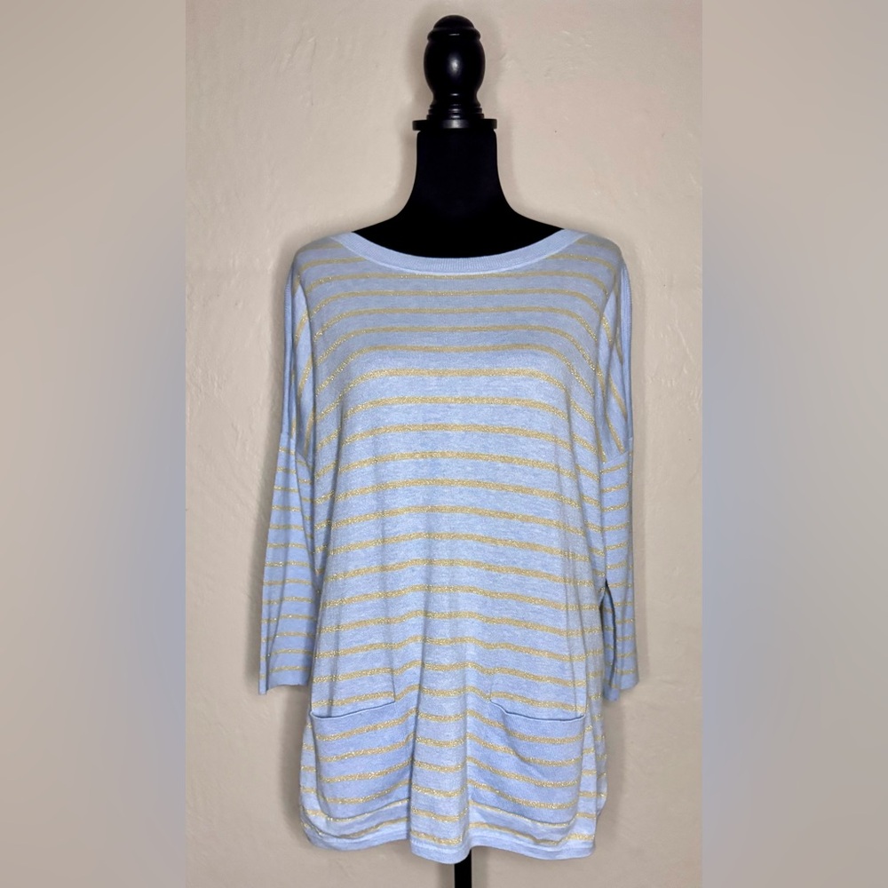 LILLY PULITZER Gold and Blue Striped Boatneck Oversized Sweater Women’s Size‎ S